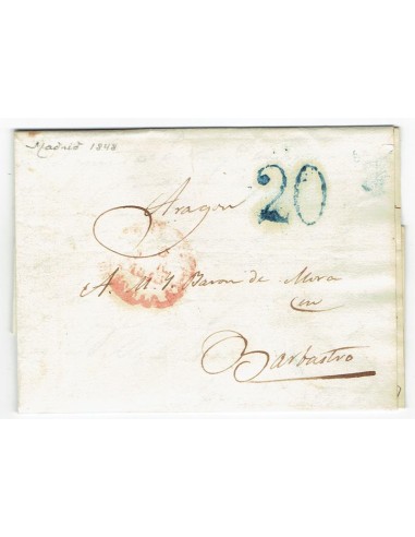 FA1835A. PREFILATELIA. 1848, 3 de marzo. Sobrescrito circulado de Madrid a Barbastro