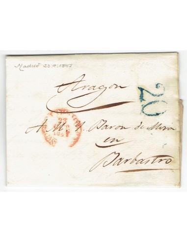 FA1835B. PREFILATELIA. 1847, 23 de septiembre. Sobrescrito circulado de Madrid a Barbastro