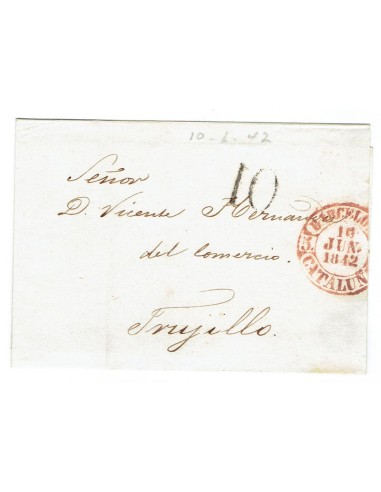 FA1820. PREFILATELIA. 1842, 10 de junio. Envuelta de sobrescrito circulada de Barcelona a Trujillo