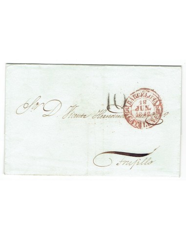 FA1820A. PREFILATELIA. 1842, 18 de junio. Envuelta de sobrescrito circulada de Barcelona a Trujillo