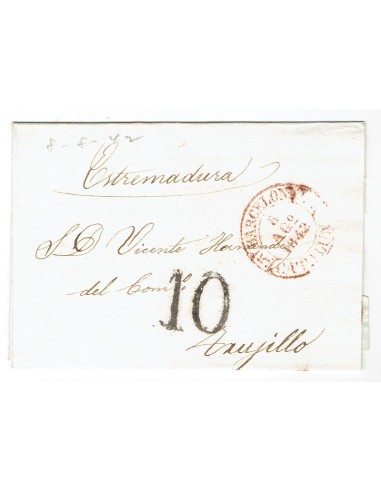 FA1820C. PREFILATELIA. 1842, 8 de agosto. Envuelta de sobrescrito circulada de Barcelona a Trujillo