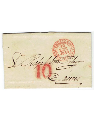 FA1821B. PREFILATELIA. 1849, 13 de enero. Sobrescrito circulado de Trujillo a Cáceres