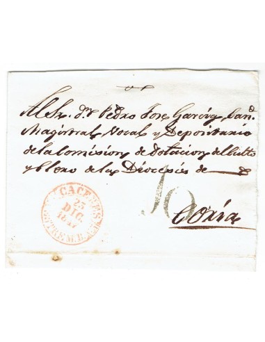 FA1821C. PREFILATELIA. 1847, 23 de diciembre. Envuelta de sobrescrito circulada de Cáceres a Coria
