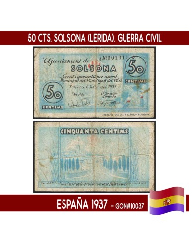España 1937. 50 cts. Solsona (Lérida). Serie A (F) GON10037