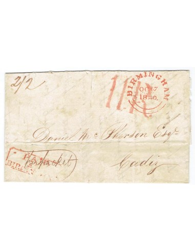 FA1370D. PREFILATELIA. 1840, 17 de octubre. Sobrescrito circulado de Birmingan a Cádiz