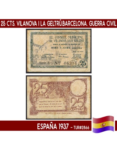 España 1937. 25 cts. Vilanova i la Geltrú (Barcelona) (VF) TUR2866