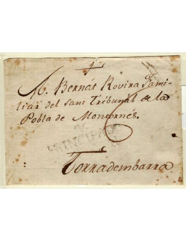 FA1351G. PREFILATELIA. (1780-1802ca). Sobrescrito circulado de Villafranca del Penedes a Torredembarra