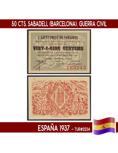 España 1937. 50 cts. Sabadell (Barcelona) (UNC) TUR2234
