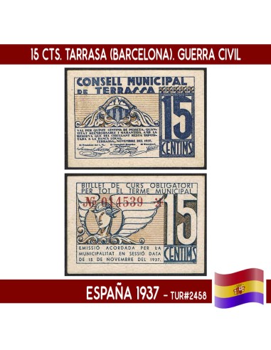 España 1937. 15 cts. Tarrasa (Barcelona) (UNC) TUR2458