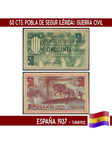 España 1937. 50 cts. Pobla de Segur (Lérida) (UNC) TUR1922