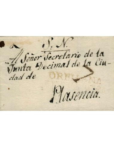 FA1159-70. PREFILATELIA. (1813ca). Envuelta de sobrescrito circulada de Orellana a Plasencia