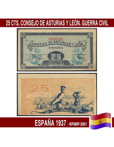 España 1937. 25 cts. Consejo de Asturias y León (AU) WPM-P-S601