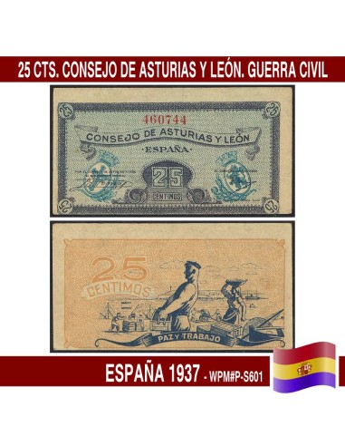 España 1937. 25 cts. Consejo de Asturias y León (XF) WPM-P-S601
