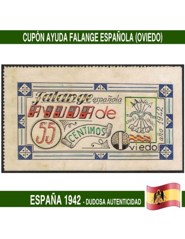 España 1942. Cupón de Ayuda. Falange Española. Oviedo