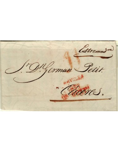 FA1343F. PREFILATELIA. 1836, 29 de octubre. Sobrescrito circulado de Sevilla a Cáceres