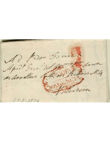 FA1345B. PREFILATELIA. 1836, 26 de julio. Sobrescrito circulado de Segorbe a Valencia