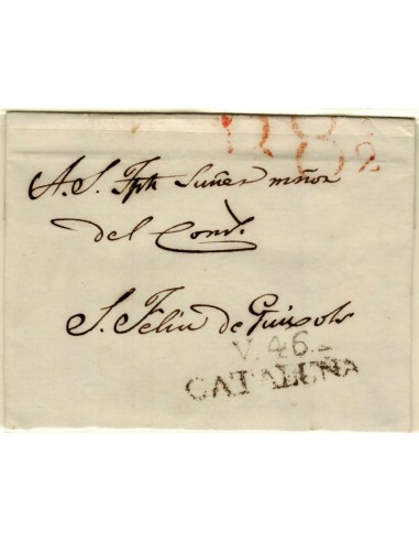 FA1349D. PREFILATELIA. (1802-37ca). Sobrescrito circulado de Villanueva y la Geltru a San Feliu de Guixols