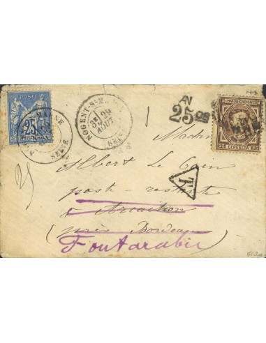 Alfonso XII. Sobre 177, Yv 68. 1877. 25 cts. azul, sello frances y 25 cts. castaño, sello de Alfonso XII. NOGENT-S-MARNE a ARC