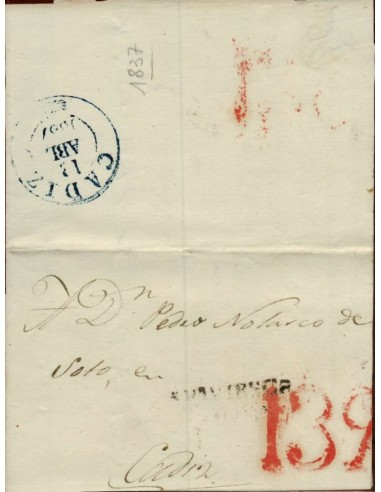 FA1147-24. PREFILATELIA. 1837, 4 de abril. Sobrescrito circulado de Briviesca a Cádiz