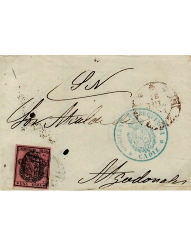 FA1077A. HISTORIA POSTAL. 1854, 18 de julio. Pliego oficial remitido de Cádiz a Algodonales