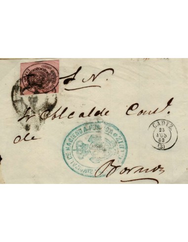 FA1090D. HISTORIA POSTAL. 1863, 25 de junio. Cubierta de pliego oficial remitido de Cádiz a Bornos