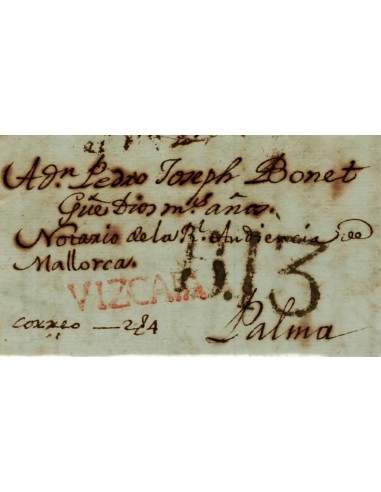 FA1150-13. PREFILATELIA. 1787, 6 de julio. Sobrescrito circulado de San Sebastian a Palma de Mallorca
