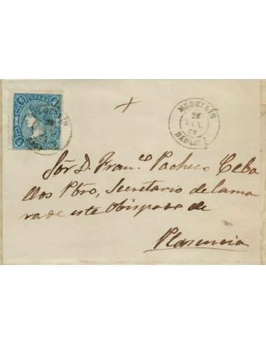 FA0651G. HISTORIA POSTAL. 1865, 28 de julio. Medellín a Plasencia