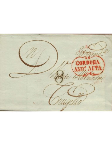 FA1172F. PREFILATELIA. 1838, 13 de abril. Sobrescrito circulado de Cordoba a Trujillo