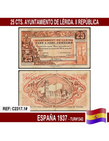 España 1937. 25 cts. Ayuntamiento de Lérida (XF+) TUR@1343