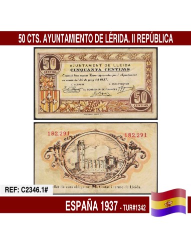 España 1937. 50 cts. Ayuntamiento de Lérida (VF) TUR@1342