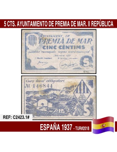 España 1937. 5 cts. Ayuntamiento Premiá de Mar (G) TUR@2018