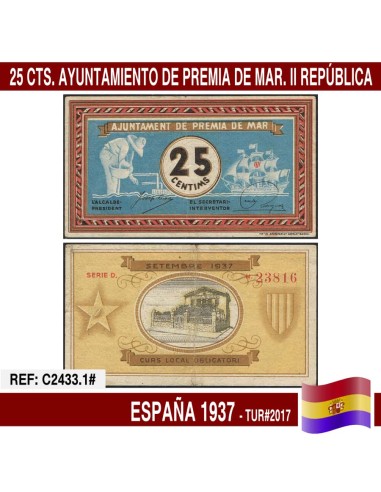 España 1937. 25 cts. Ayuntamiento Premiá de Mar (AU) TUR@2017