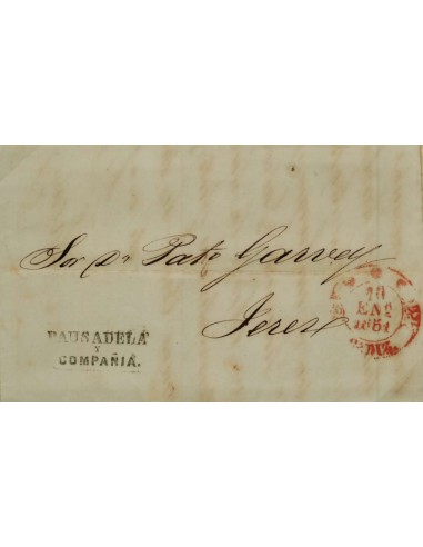 FA1138. HISTORIA POSTAL. 1851, 10 de enero. Sobrescrito circulado de Cádiz a Jerez de la Frontera