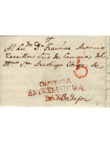 FA1188-5. PREFILATELIA. 1827, 2 de julio. Sobrescrito circulado de Olivenza a Badajoz