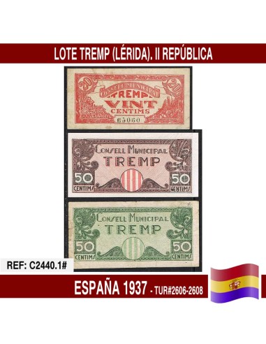 España 1937. Lote billetes Tremp (Lérida) (VF) TUR@2606-2608