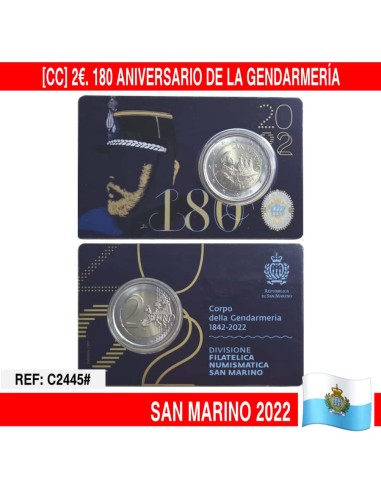 San Marino 2022. CC 2€ 180 Aniversario Gendarmería (UNC) KM@562