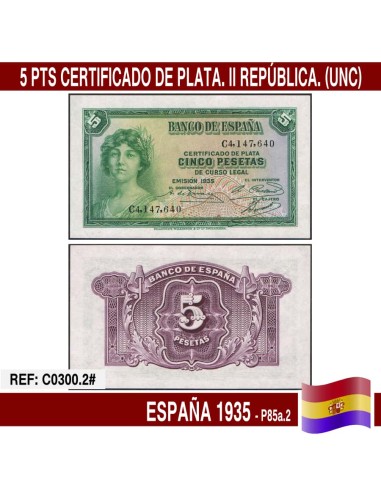 España 1935. 5 pts. Certificado de Plata (UNC) P85a.2