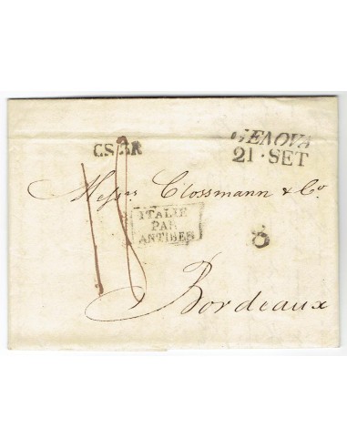 FA0836-74. PREFILATELIA DE ITALIA. 1838, 21 de septiembre. Carta circulada de Genova a Burdeos