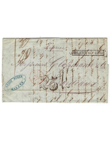 FA0836-102. PREFILATELIA DE ITALIA. 1852, 12 de febrero. Carta circulada de Milan a Burdeos