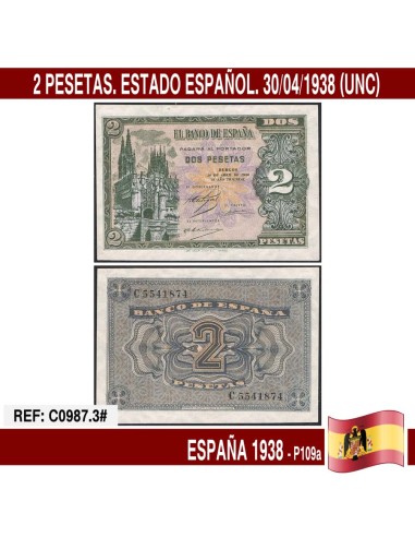 España 1938. 2 pts. Estado Español (UNC) P109a