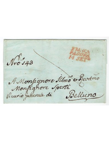 FA0836-141. PREFILATELIA DE ITALIA. 1842, 14 de septiembre. Carta circulada de Padova a Belluno