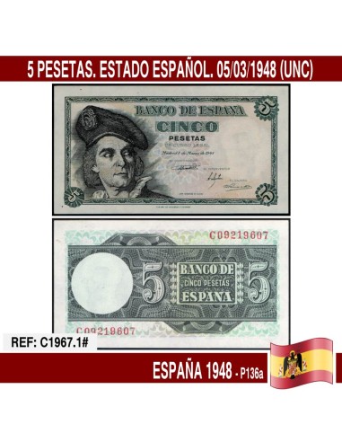 España 1948. 5 pts. Estado Español (UNC) P-136a