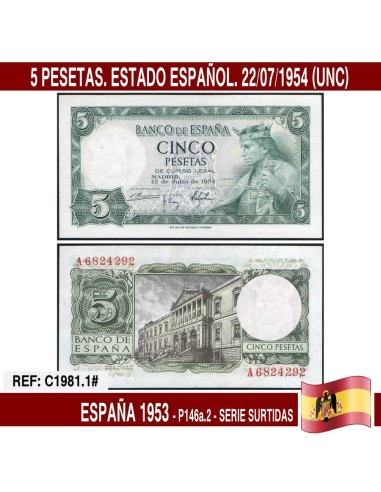 España 1954. 5 pts. Estado Español (UNC) P146a.2