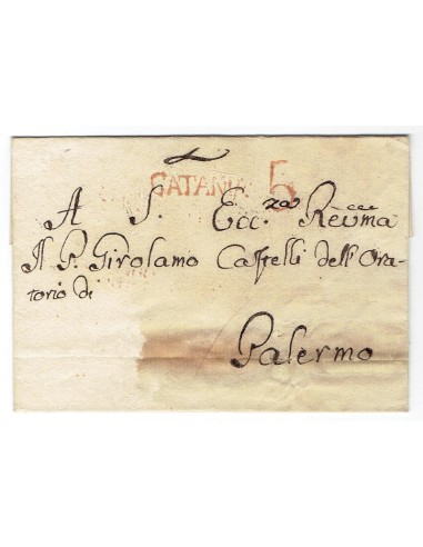 FA0836-179. PREFILATELIA DE ITALIA. 1825, mes de septiembre. Envuelta de carta circulada de Catania a Palermo