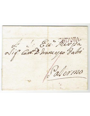 FA0836-180. PREFILATELIA DE ITALIA. 1818, mes de enero. Envuelta de carta circulada de Catania a Palermo