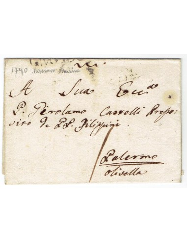 FA0836-185. PREFILATELIA DE ITALIA. 1790. Envuelta de carta circulada a Palermo