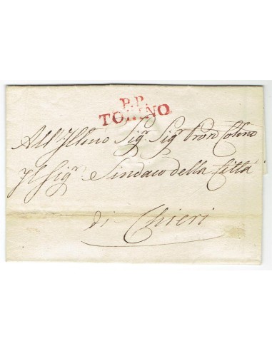 FA0836-199. PREFILATELIA DE ITALIA. 1818, 31 de agosto. Envuelta de carta circulada de Turin a Chieri