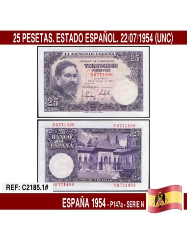 España 1954. 25 pts. Estado Español (UNC) P-147a