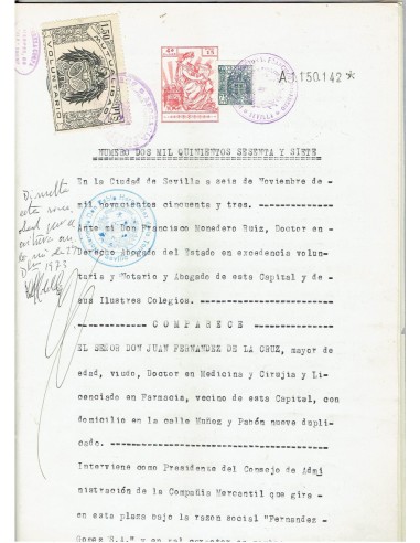 FA7831. TIMBROLOGIA. 1953. Documento legal timbrado con varios sellos fiscales
