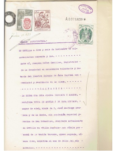 FA7834. TIMBROLOGIA. 1942. Documento legal timbrado con varios sellos fiscales